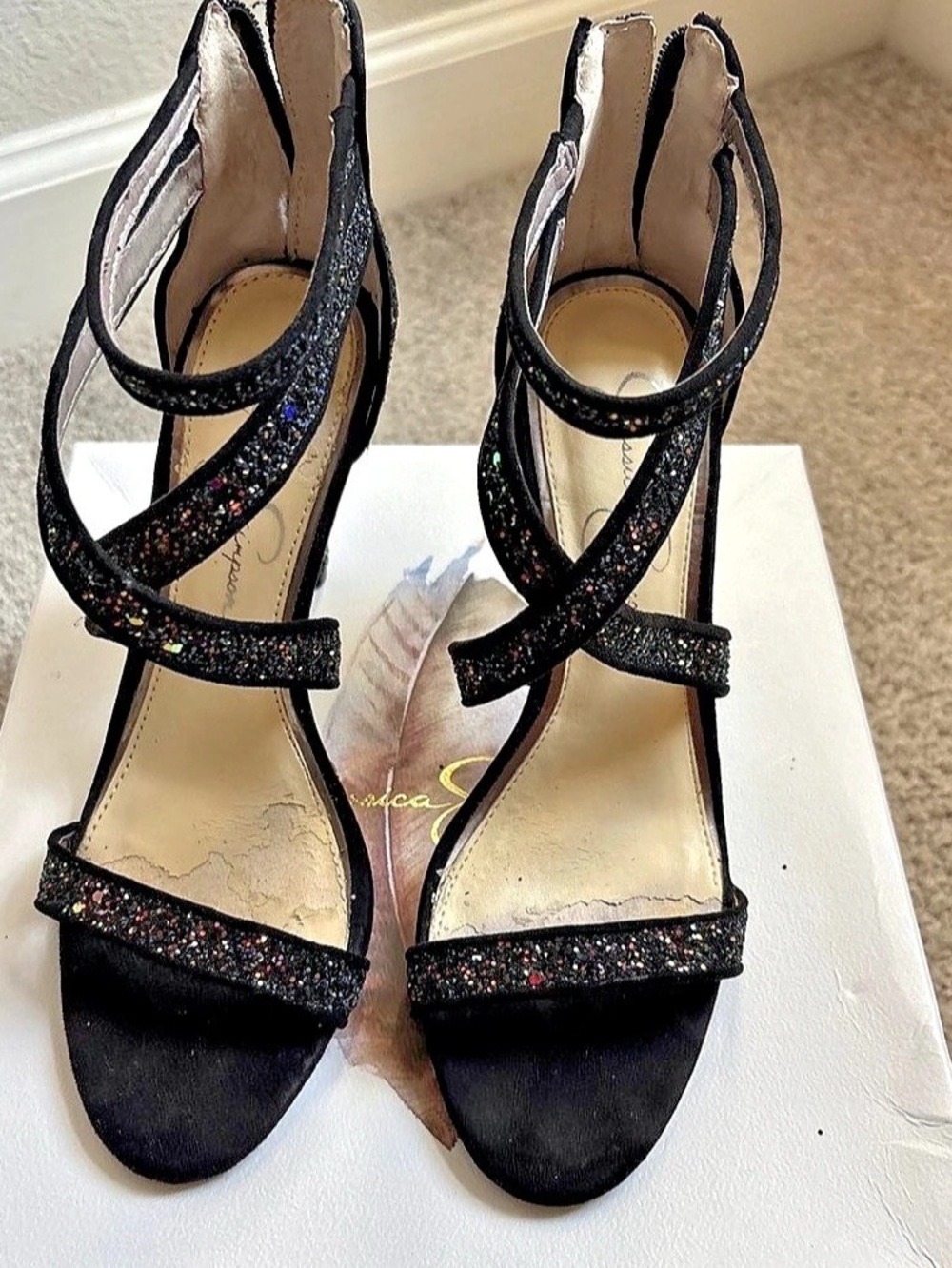 Jessica Simpson Glitter Strappy Heels in Black Like New